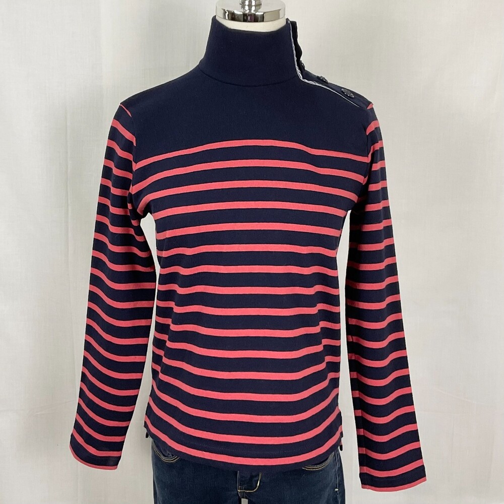 J. Crew Striped Knit Pullover Button Shoulder Navy & Pink Mockneck Sz XXS NWT